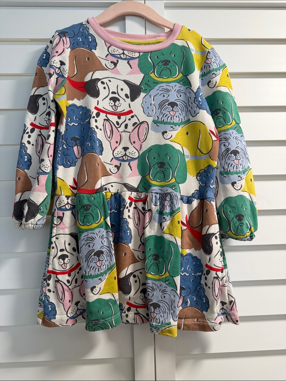 Mini Boden Multicolor Dog Pattern Long Sleeve Dress with Pink Neckline